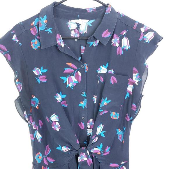 Rebecca Taylor Dress WOmens 12 Silk Colorful Florals Button Down Tie Waist - Picture 3 of 12